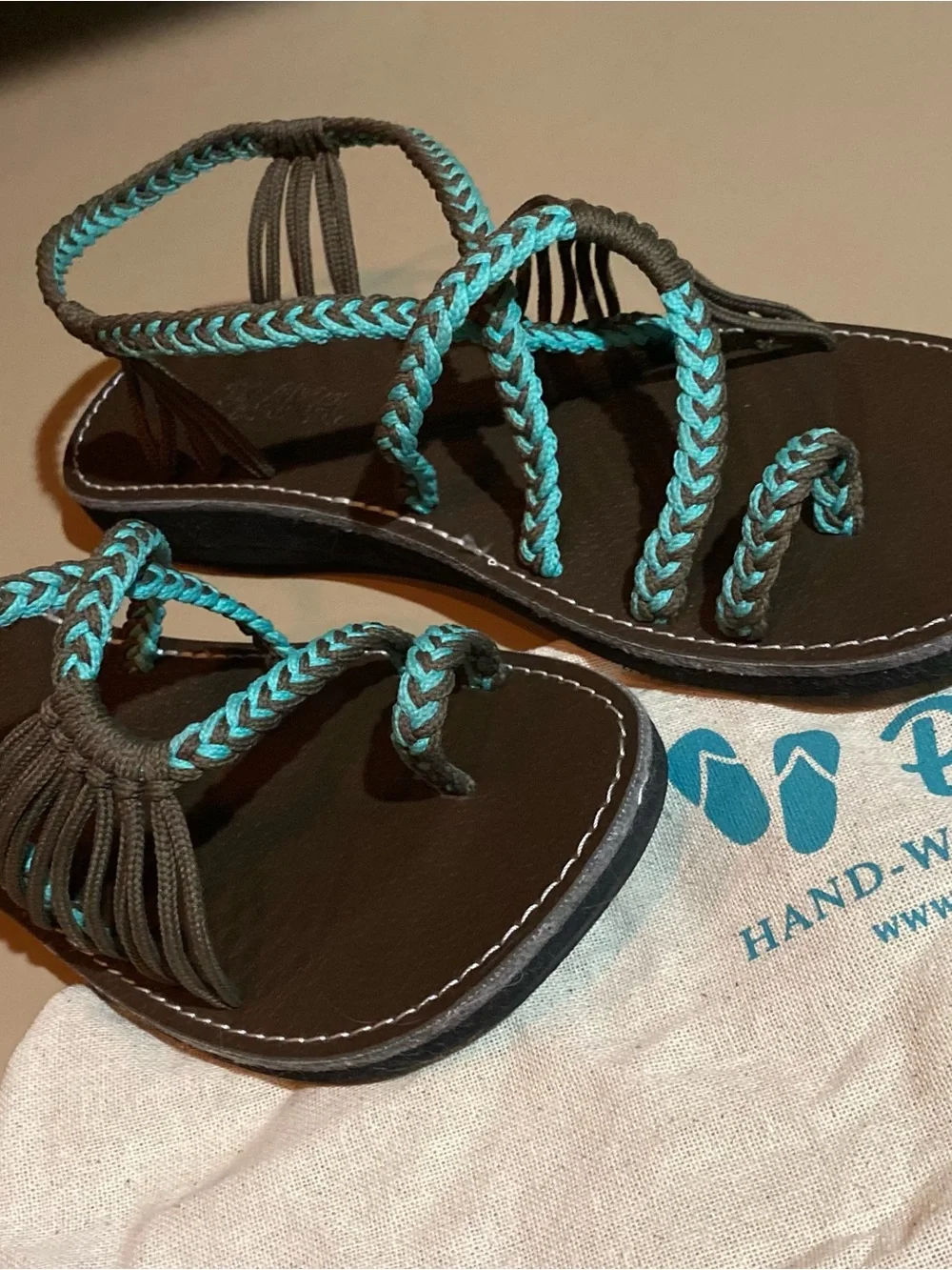 Women’s Braided Brown Leather Sandals with Turquoise Accent